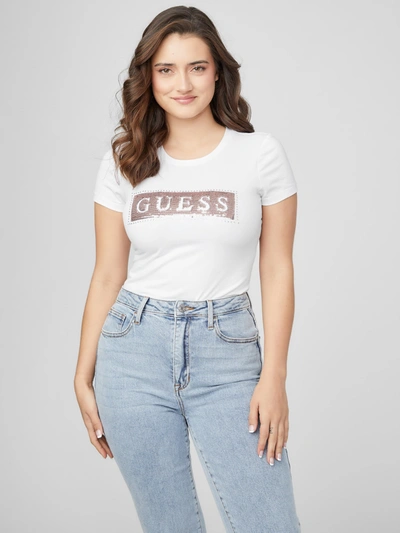 Guess Factory Steel Sequin And Rhinestone Tee In White