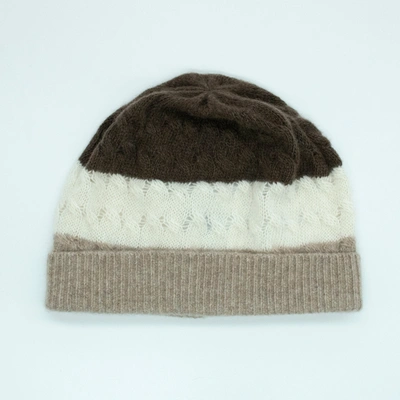Portolano Cashmere Striped  Hat With Cables In Beige