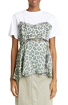 Sacai Leopard Print Mixed Media Peplum Top In White Khaki