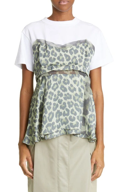 Sacai Leopard Print Mixed Media Peplum Top In White/ Khaki