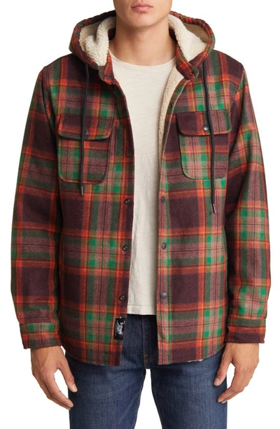 Schott Plaid Wool Blend Snap-up Hooded Shirt Jacket In Brick