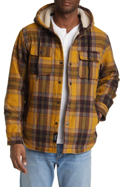Schott Plaid Wool Blend Snap-up Hooded Shirt Jacket In Mustard