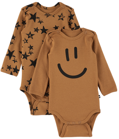 Molo Baby Two-pack Tan Foss Bodysuits In 8651 Stars Earthy