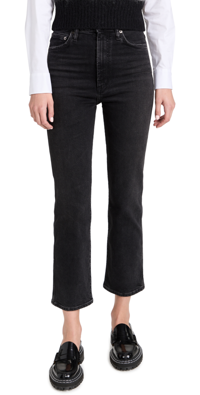 Agolde Pinch Waist Cropped High-rise Flared Jeans In Black