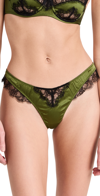 Kiki De Montparnasse Lace-trimmed Stretch-silk Charmeuse Thong In Verte