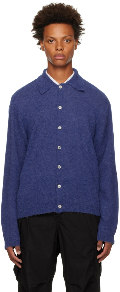 Our Legacy Blue Evening Polo Fine Knit Wool Cardigan