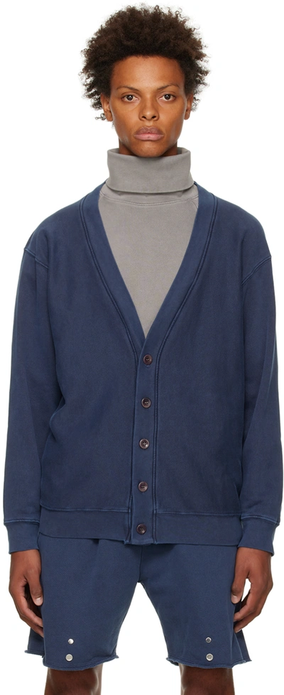 Les Tien Navy Garment-dyed Cardigan In Washed Denim