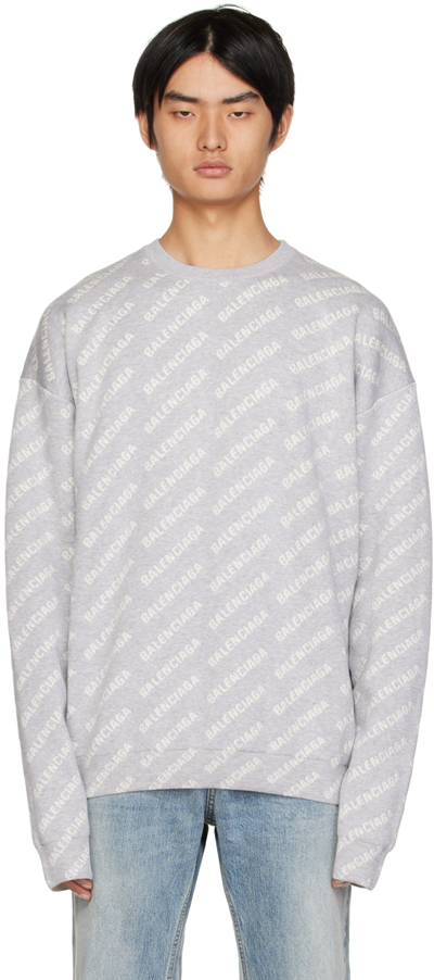Balenciaga Sweater With All-over Inlay Logo Grey-white In Gray