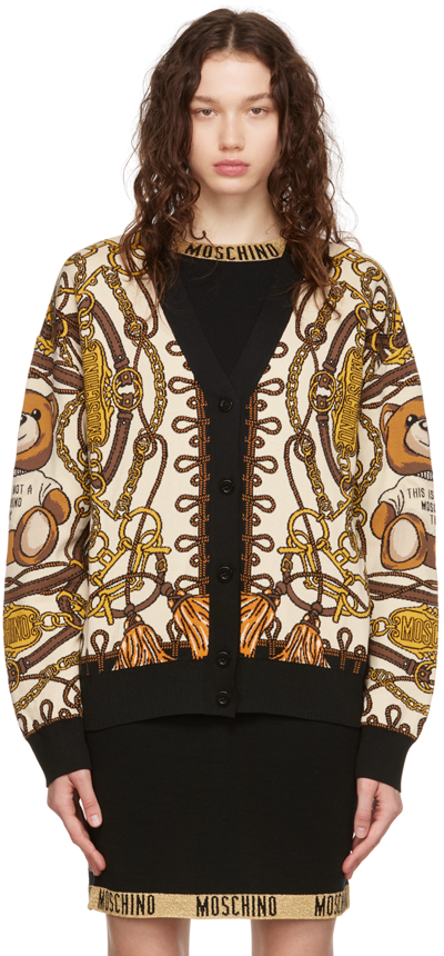 Moschino Off-white Military Teddy Scarf Cardigan In Beige,brown