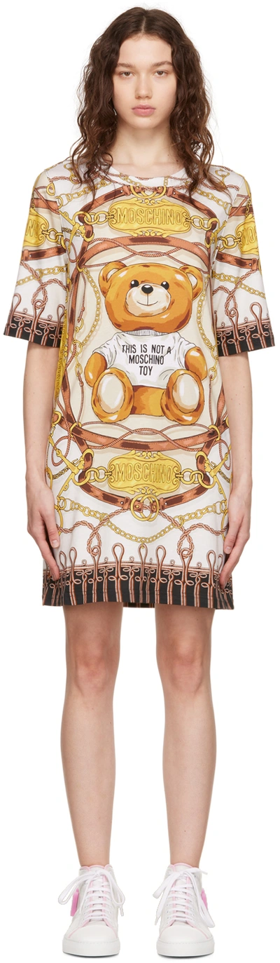 Moschino Off-white Military Teddy Scarf Minidress In Beige,brown