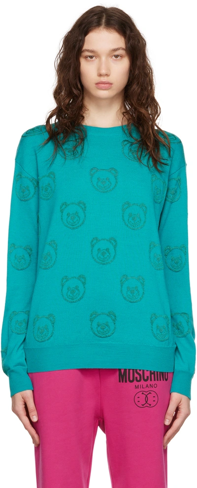 Moschino Green Allover Teddy Bear Sweater In Light Blue