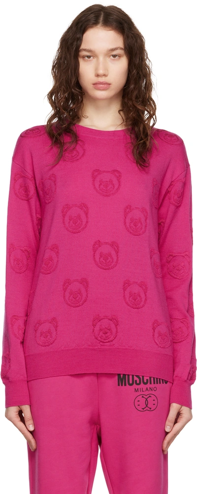 Moschino Pink Allover Teddy Bear Sweater In White