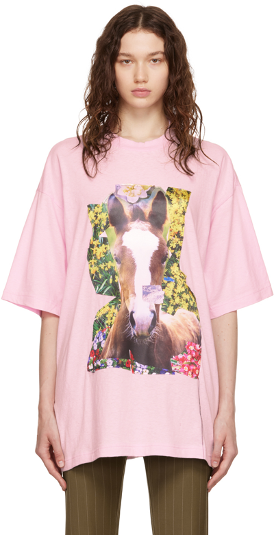 Acne Studios Horse Collage Print Cotton Oversized Crewneck T-shirt In Pink