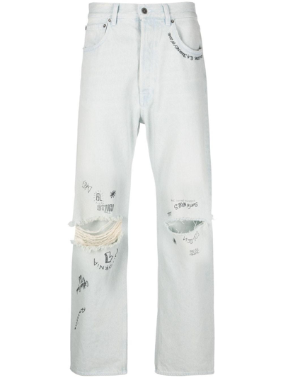 Golden Goose Blue Distressed-effect Text-print Straight-leg Jeans In Red