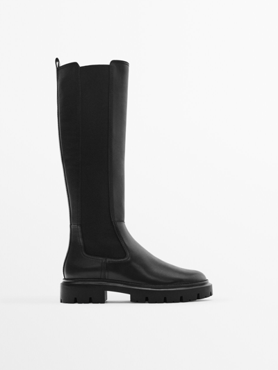 Massimo Dutti Flat Track Sole Boots With Side Gores In Black
