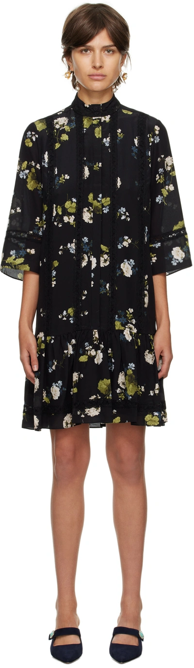 Erdem Bertram Lace-trimmed Embroidered Floral-print Silk Mini Dress In Black