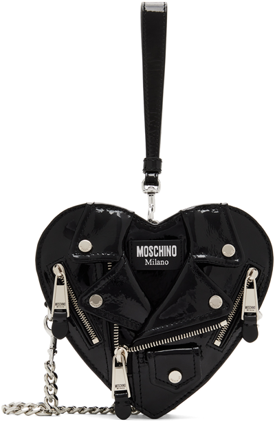 Moschino Black Biker Jacket Heart Bag In 1555 Fantasy Print B
