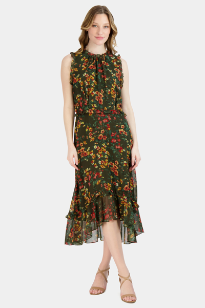 Julia Jordan Floral Sleeveless Ruffled High-low Midi Dress In Green