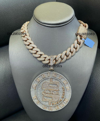 Pre-owned Online0369 Men's Custom Round Simulated Diamond Pendant Necklace Set 22 Mmx 22" Long Cuban In White