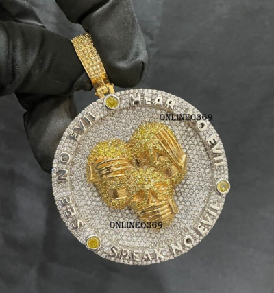 Pre-owned Online0369 Men Custom Round Moissanite & Yellow Canary Cubic Zirconia Super Disk Pendant