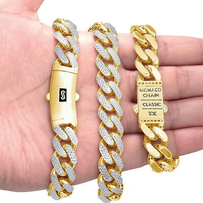 Pre-owned Nuragold 10k Yellow Gold 13mm Monaco Miami Cuban Link Diamond Cut Pave Chain Bracelet 9"