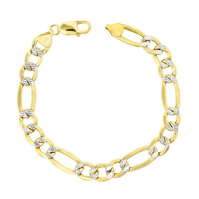 Pre-owned Nuragold 14k Yellow Gold Mens Solid 10mm Diamond Cut White Pave Figaro Chain Bracelet 9"