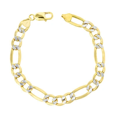 Pre-owned Nuragold 14k Yellow Gold Men Solid 12mm Diamond Cut White Pave Figaro Chain Bracelet 8.5"