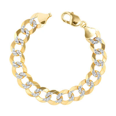Pre-owned Nuragold 14k Yellow Gold Solid 12.5mm Men Diamond Cut Pave Cuban Curb Chain Bracelet 8.5"