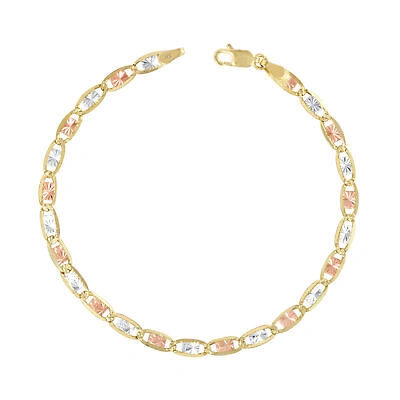 Pre-owned Nuragold 14k Solid Yellow Rose White Tri Gold 4mm Valentino Chain Womens Bracelet 7"