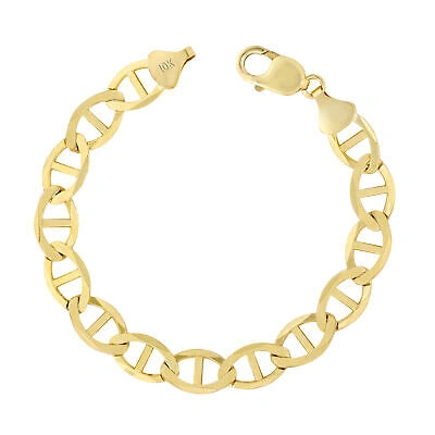 Pre-owned Nuragold 10k Yellow Gold Solid Mens 10.5mm Mariner Anchor Flat Link Chain Bracelet 9"