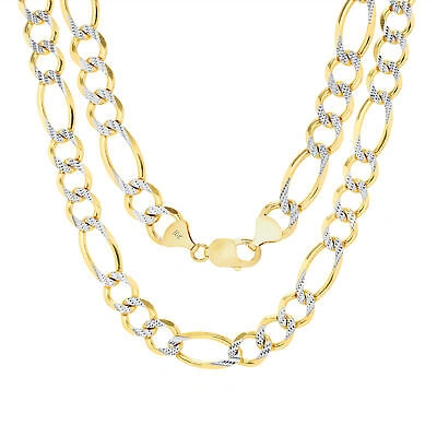 Pre-owned Nuragold 10k Yellow Gold Mens Solid 12mm Diamond Cut White Pave Figaro Chain Necklace 28"