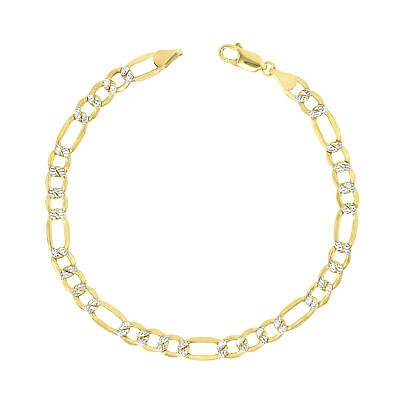 Pre-owned Nuragold 10k Yellow Gold Mens 5.5mm Diamond Cut Pave Italian Figaro Chain Bracelet 9"