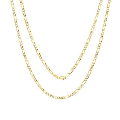 Pre-owned Nuragold 10k Yellow Gold 3.5mm Mens Diamond Cut White Pave Figaro Link Chain Necklace 30"