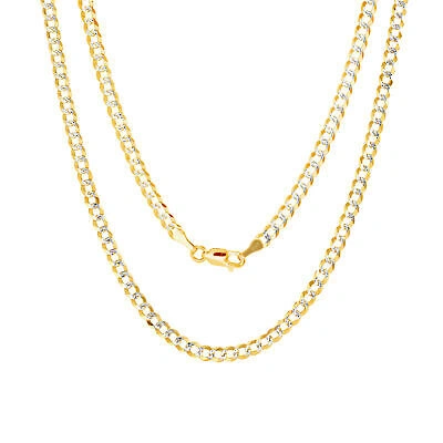 Pre-owned Nuragold 10k Yellow Gold 4mm Solid Diamond Cut White Pave Cuban Chain Necklace Women 16"