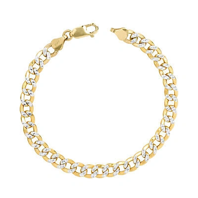 Pre-owned Nuragold 10k Yellow Gold Mens 7.5mm Diamond Cut White Pave Cuban Curb Chain Bracelet 8.5"