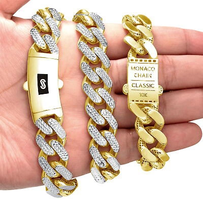 Pre-owned Nuragold 10k Yellow Gold 15mm Monaco Miami Cuban Link Diamond Cut Pave Chain Bracelet 9"
