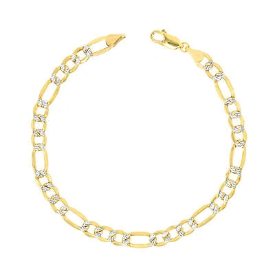 Pre-owned Nuragold 14k Yellow Gold Solid 6mm Mens Diamond Cut White Pave Figaro Chain Bracelet 8.5"