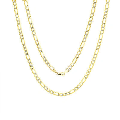 Pre-owned Nuragold 14k Yellow Gold Mens Solid 6mm Diamond Cut White Pave Figaro Chain Necklace 30"