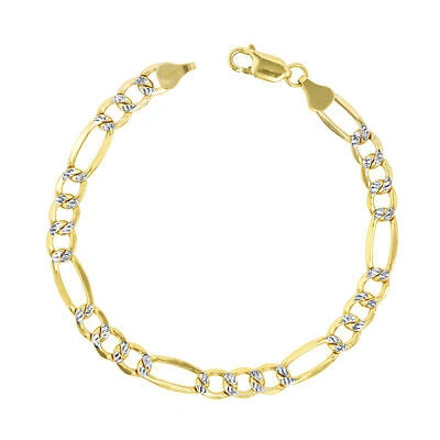 Pre-owned Nuragold 14k Yellow Gold Mens 7mm Diamond Cut White Pave Italian Figaro Chain Bracelet 9"