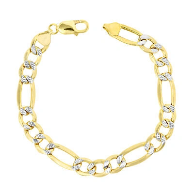 Pre-owned Nuragold 10k Yellow Gold Mens 9mm Diamond Cut White Pave Italian Figaro Chain Bracelet 8"