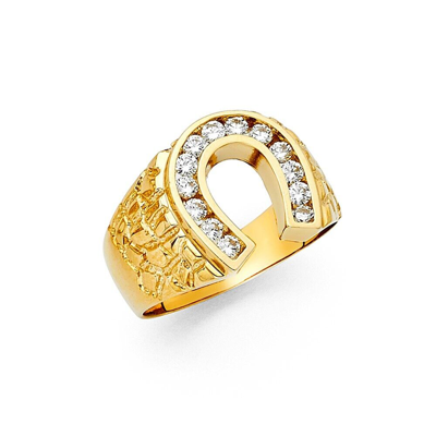 Pre-owned Lucky Brand 14k Yellow Gold Cubic Zirconia Lucky Horseshoe Men's Ring In White