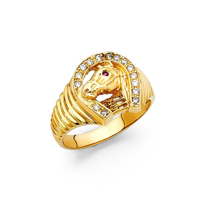 Pre-owned Lucky Brand 14k Yellow Gold Cubic Zirconia Lucky Horseshoe Men's Ring In White