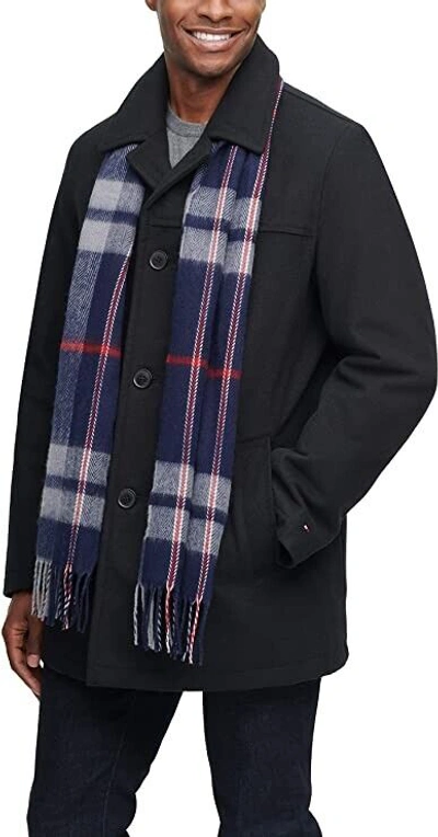Pre-owned Tommy Hilfiger Mens Wool Melton Top Coat W/scarf Size Xl Black $375 I310