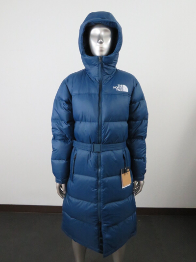 Pre-owned The North Face Womens  Nuptse Belt Long 700-down Insulated Hooded Jacket Blue
