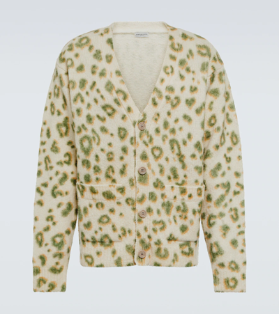 Dries Van Noten Leopard-print Wool-blend Cardigan In Pale Yellow