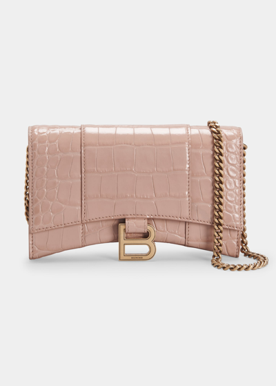 Balenciaga Hourglass Shiny Mock-croc Chain Wallet In Nude Beige