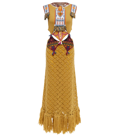 Etro Camille Cutout Fringed Intarsia Wool Maxi Dress In Yellow