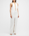 Monot Plunge Front Slit Column Gown In White