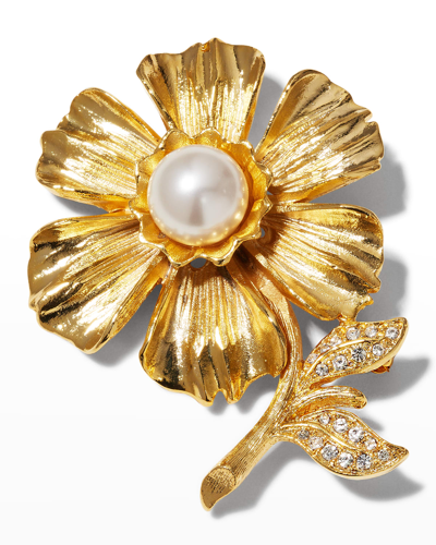 Kenneth Jay Lane Gold With Pearly Center And Crystals Flower Pin
