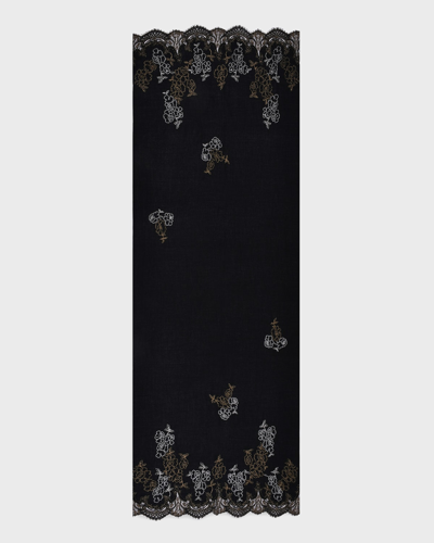 K Janavi Beaded Floral Lace Border Cashmere Scarf In Black